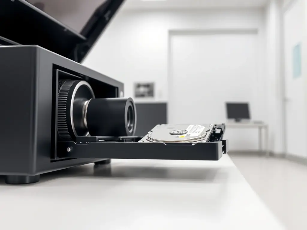 An image of a degausser erasing data from a hard drive. The degausser is shown in a clean, professional setting, highlighting its advanced technology.