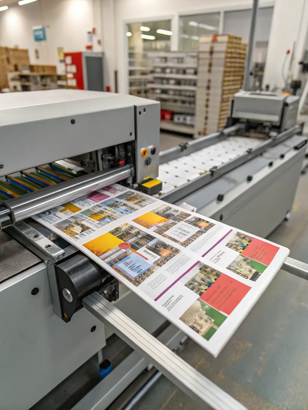 An image of a collator efficiently organizing and stacking documents. The machine should appear modern and well-cared for, reflecting Lathrop's service quality.