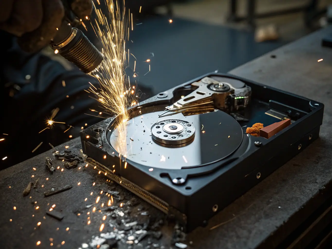 A detailed image of a hard drive puncher, showing the mechanism puncturing a hard drive. The background is a secure data destruction facility.