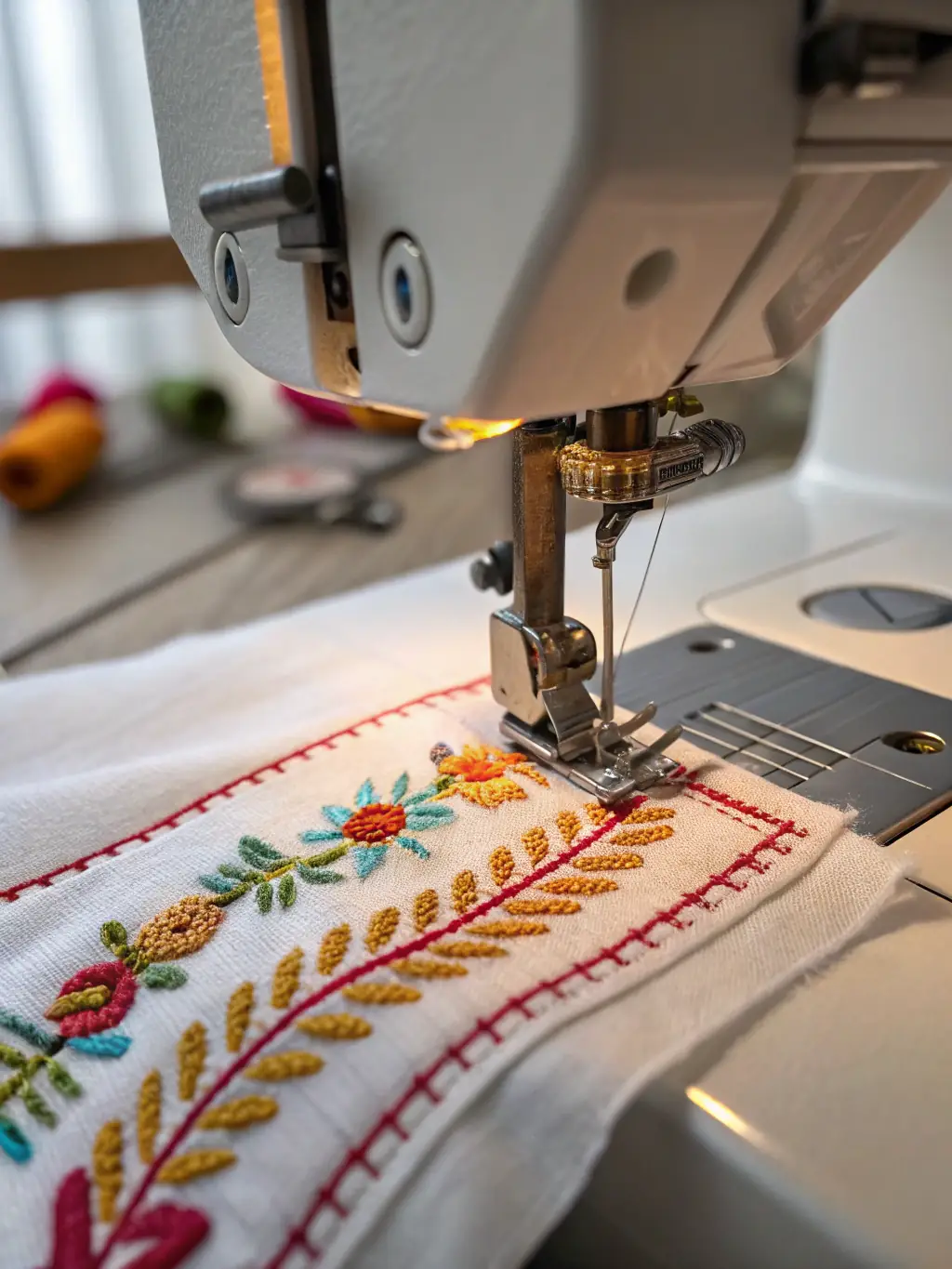 A close-up of a stitching machine applying stitches to a booklet, highlighting the precision and quality of the stitching process.