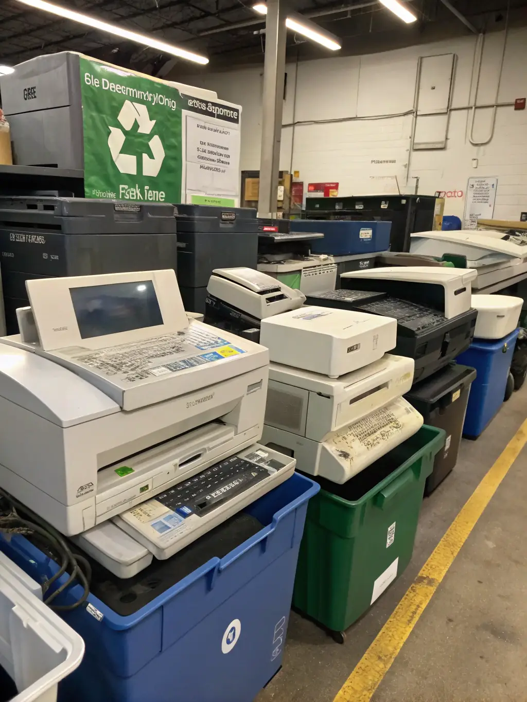 A recycling center processing old office equipment, highlighting Lathrop's Business Systems' commitment to responsible disposal.