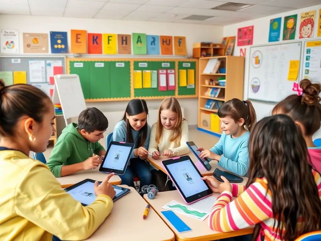 A modern classroom setting with an interactive whiteboard displaying a collaborative brainstorming session, highlighting its touch screen capabilities and integration with digital devices.