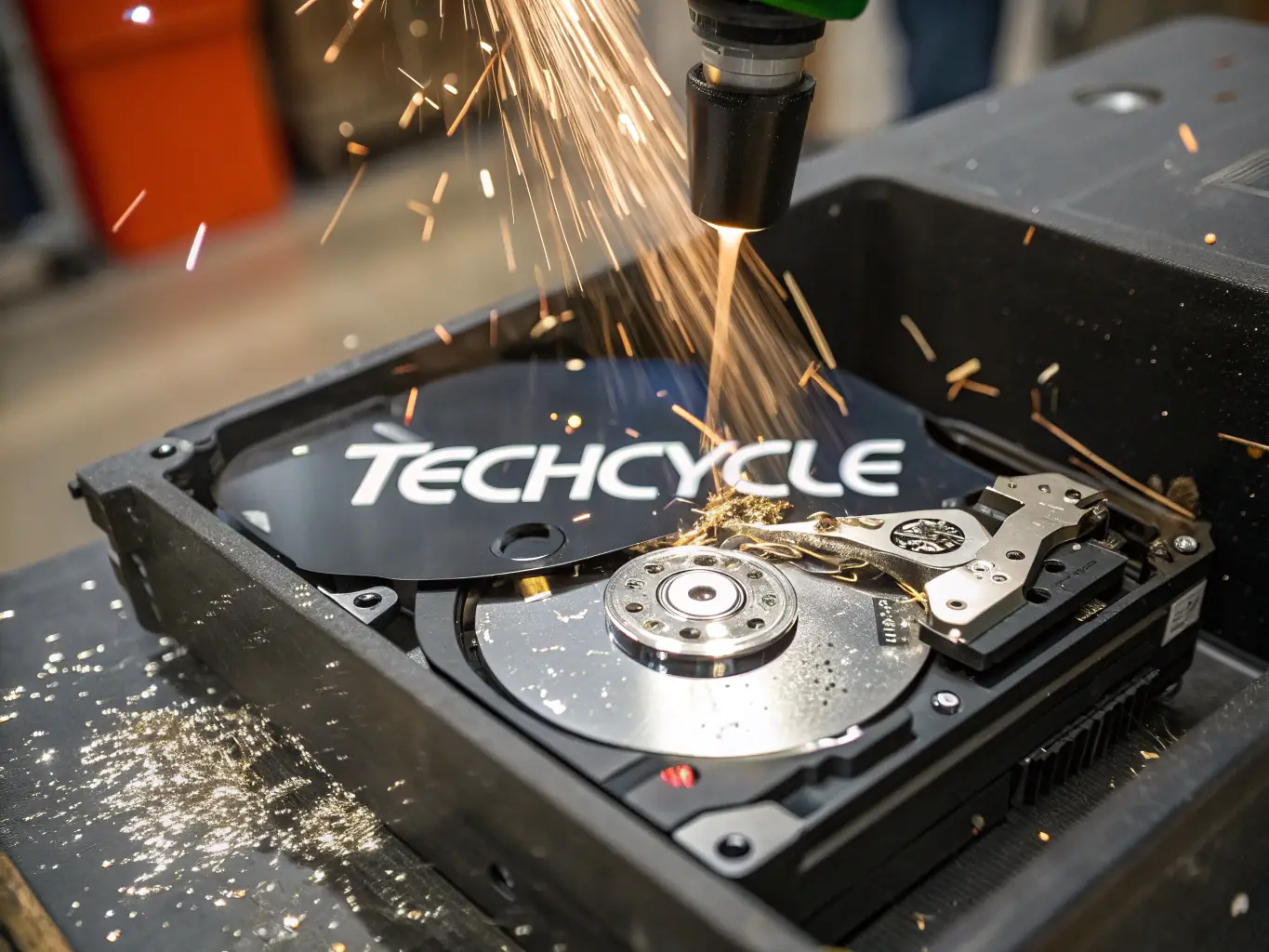 A high-resolution image of a hard drive crusher in action, destroying a hard drive. The setting is a modern office environment, emphasizing the importance of data security.