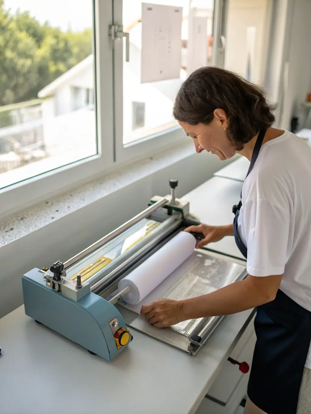A clear image of different types of laminators, including pouch laminators and roll laminators, in an office or educational setting, highlighting their ability to protect and enhance documents and materials.