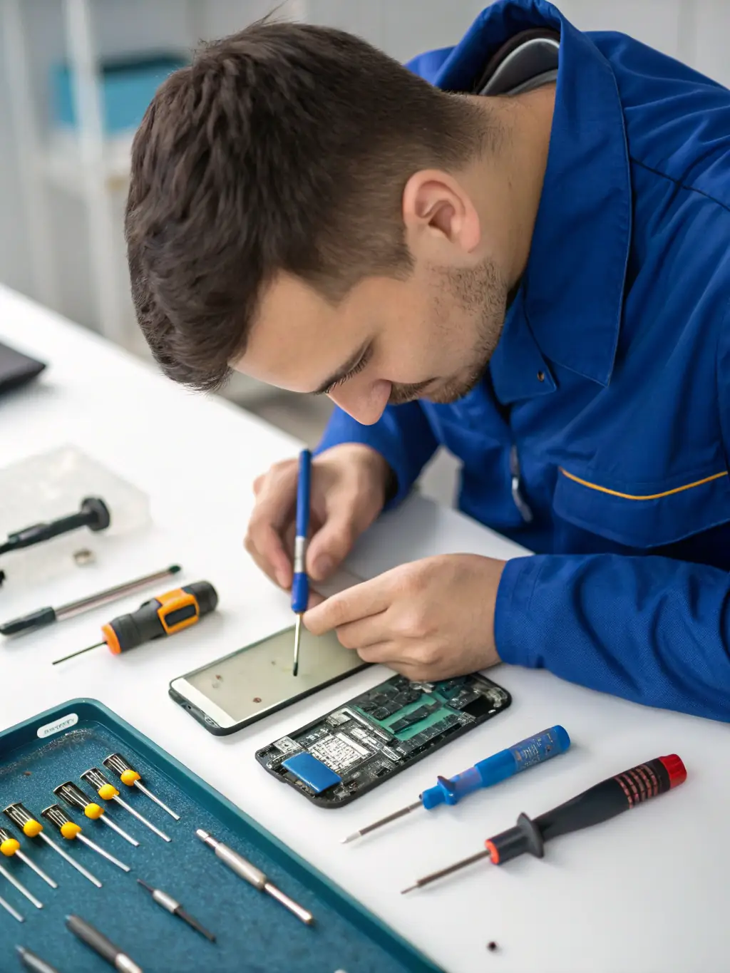 A technician in a blue uniform repairing the internal components of a high-speed paper shredder, with various tools and spare parts neatly arranged on a workbench.