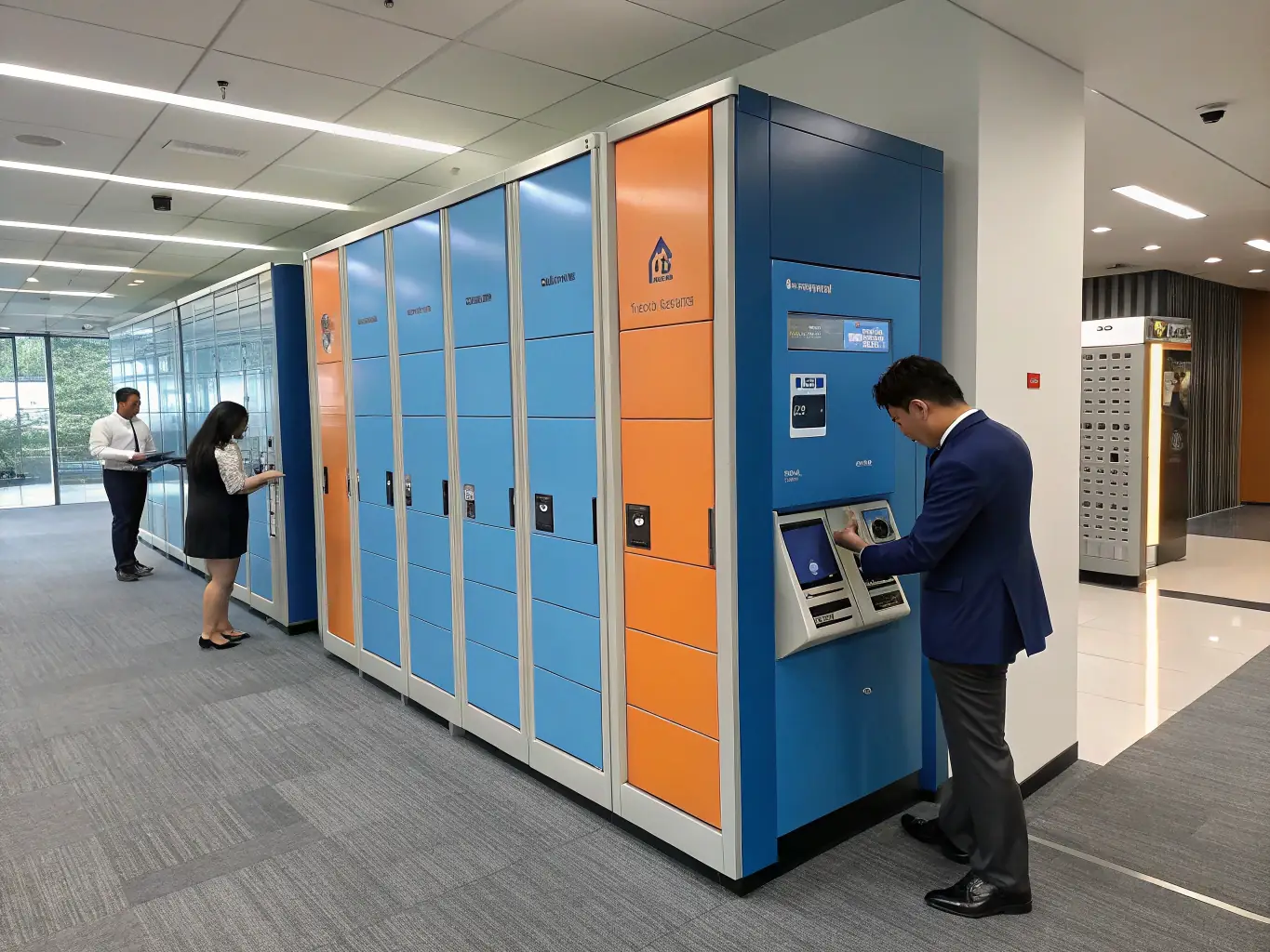 A brightly lit office space featuring a row of smart lockers with digital displays, showcasing their modern design and user-friendly interface.