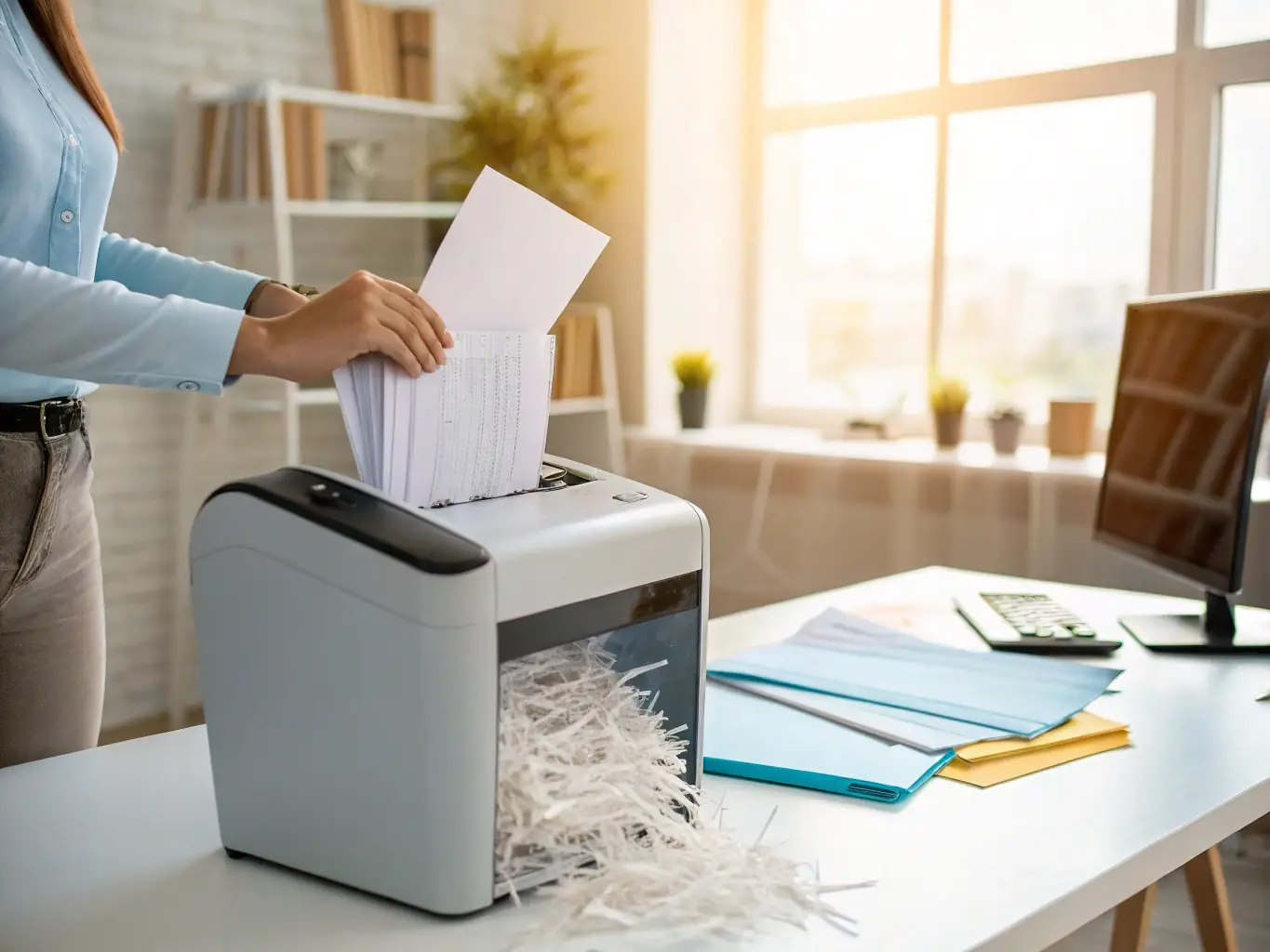 A high-capacity industrial shredder processing a large volume of documents in an office environment, showcasing its efficiency and security.