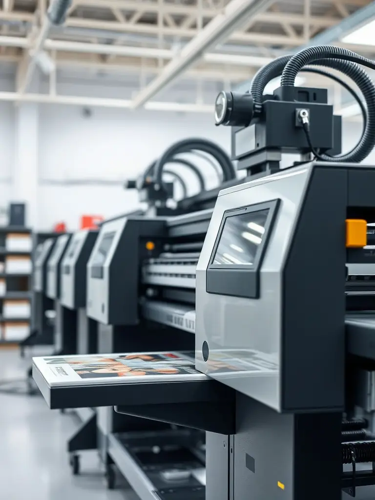 A high-resolution image of a booklet maker in operation, producing a stack of perfectly bound booklets. The machine should be clean and well-maintained, showcasing Lathrop's commitment to quality.