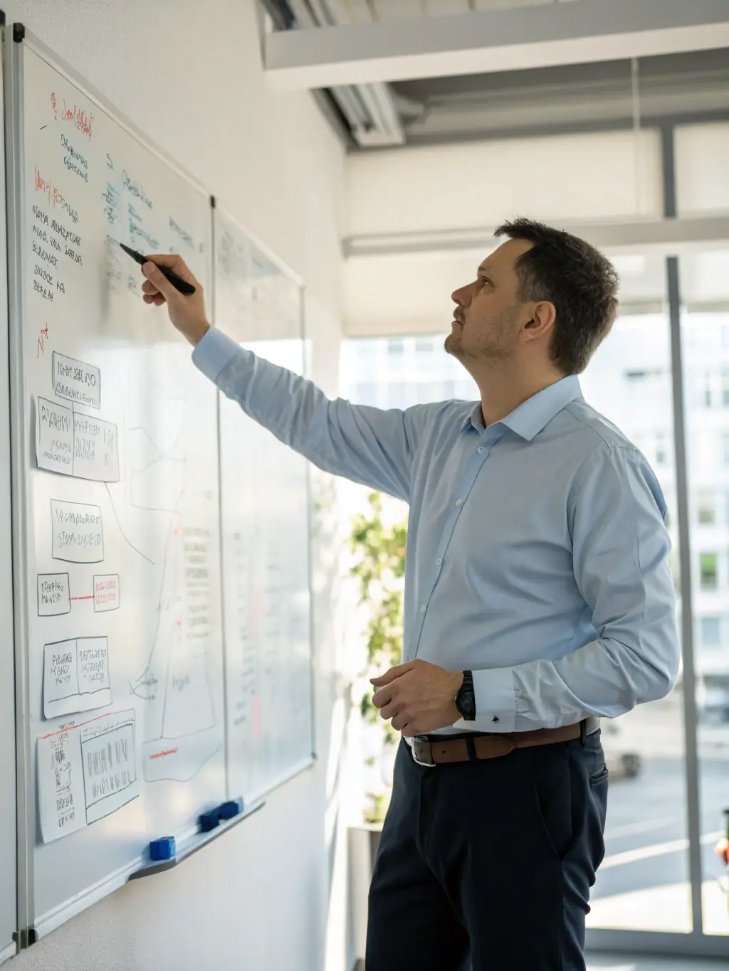 A consultant in a suit discussing equipment optimization strategies with a client in a modern office setting, using a whiteboard to illustrate key points.