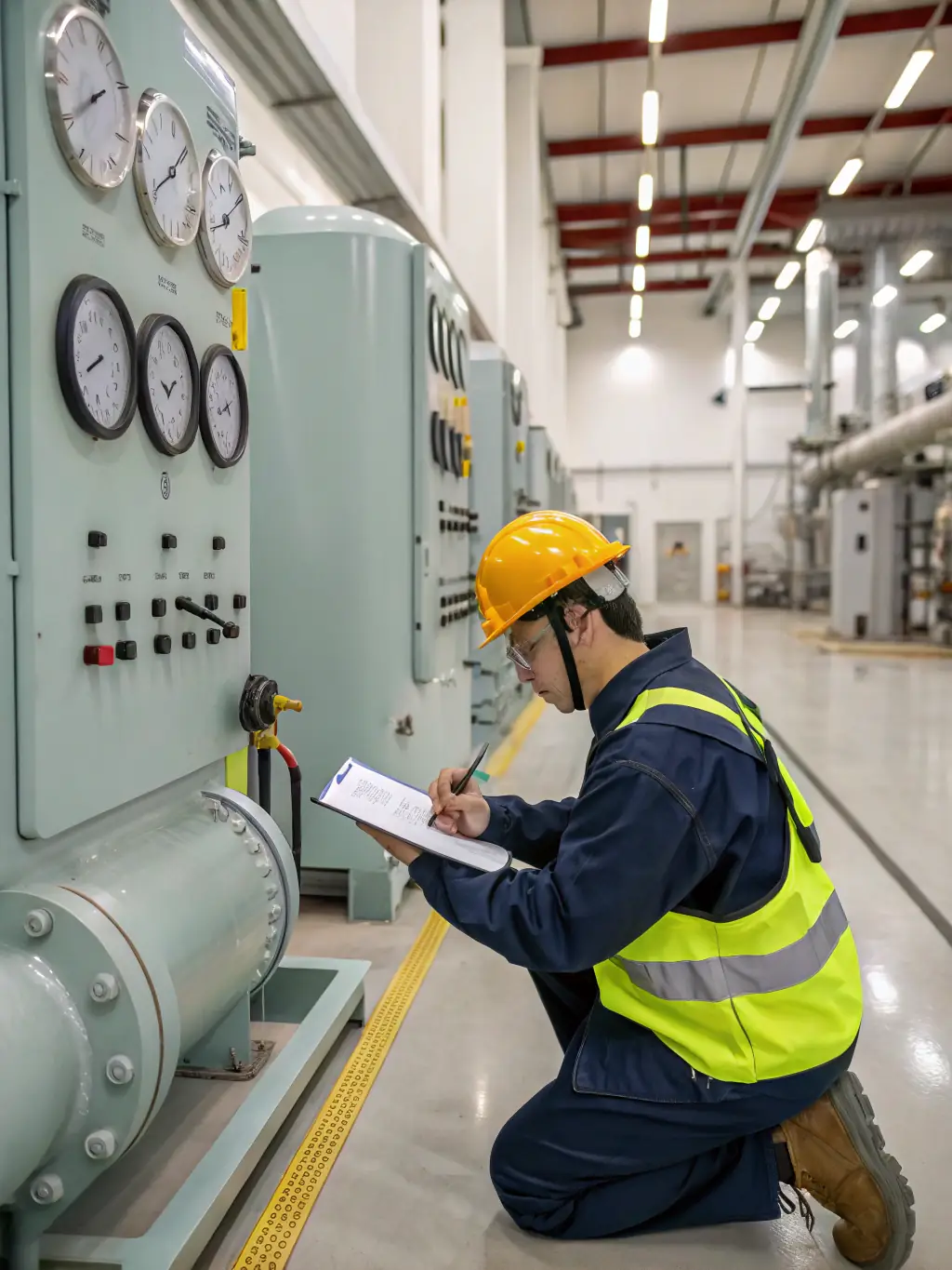 A well-organized maintenance schedule displayed on a digital tablet, with a technician inspecting a complex folding machine in the background.