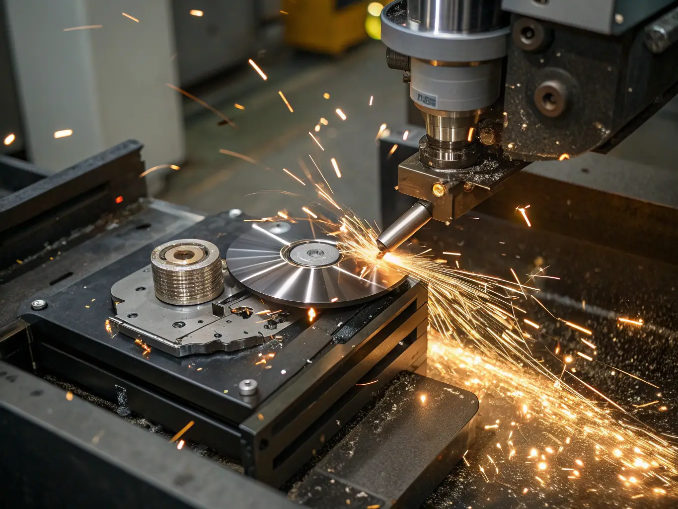 A modern disintegrator efficiently destroying electronic media, emphasizing its advanced technology and data security capabilities.