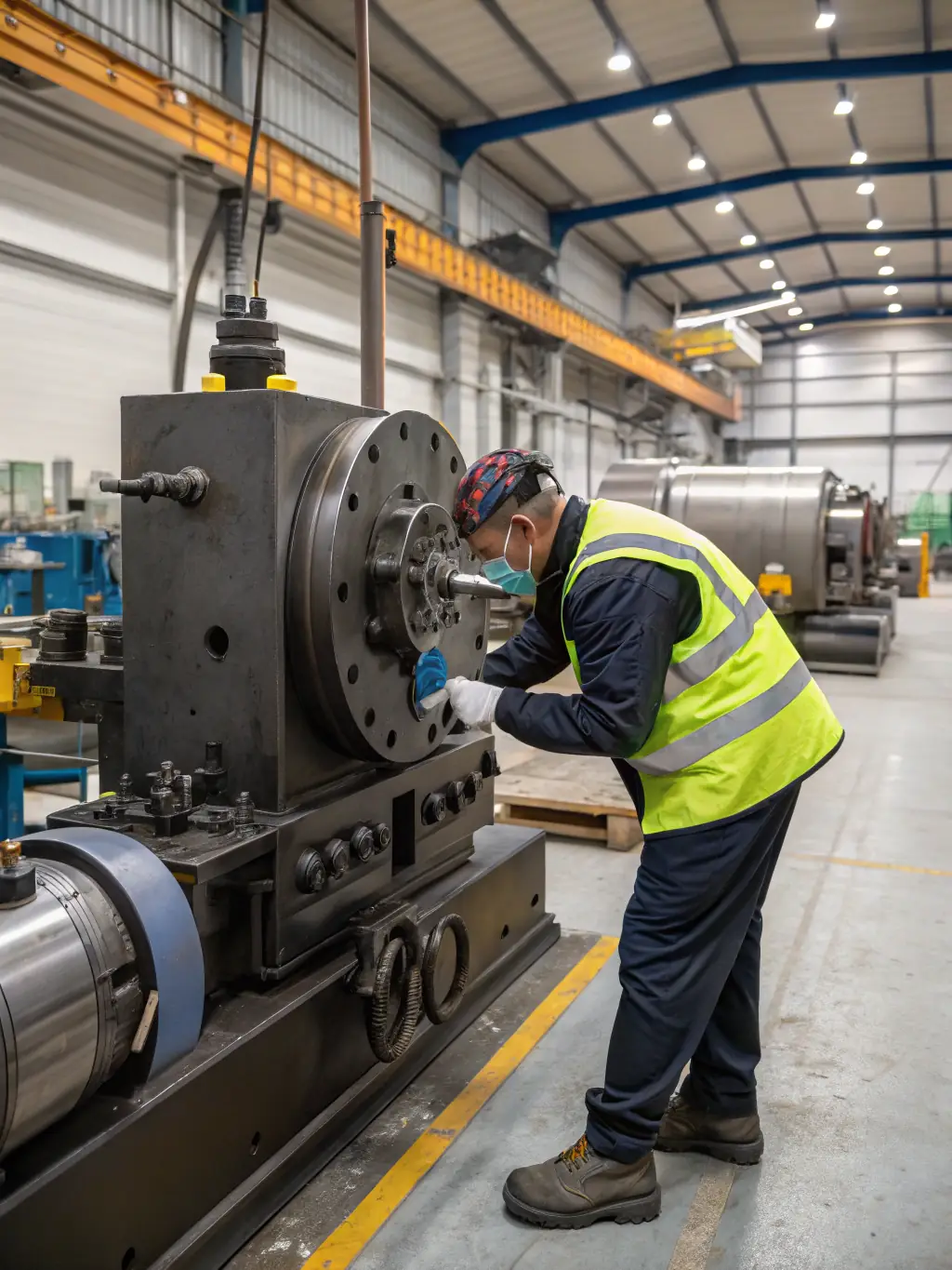 Technicians repairing a large industrial shredder in a well-equipped workshop, showcasing Lathrop's Business Systems' equipment repair capabilities.